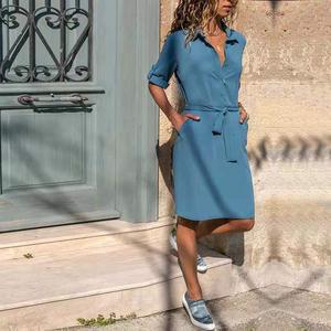Fashion Turn-down Collar Party Shirt Dress Women Solid Three Quarter Sleeve Spring Dress