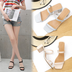 One word with open toe thick heel sandals