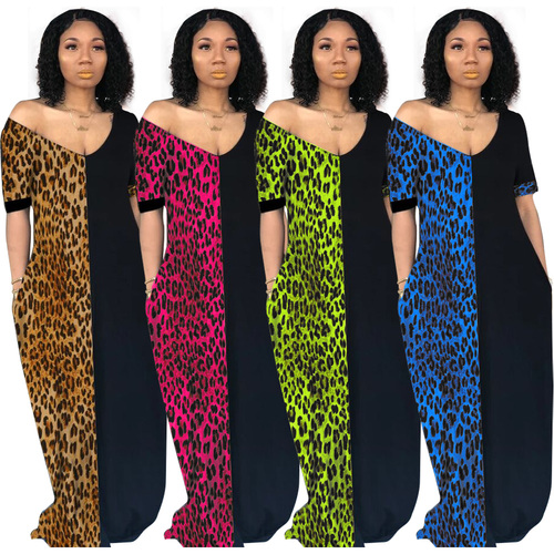 V-neck leopard print dress with short sleeves
